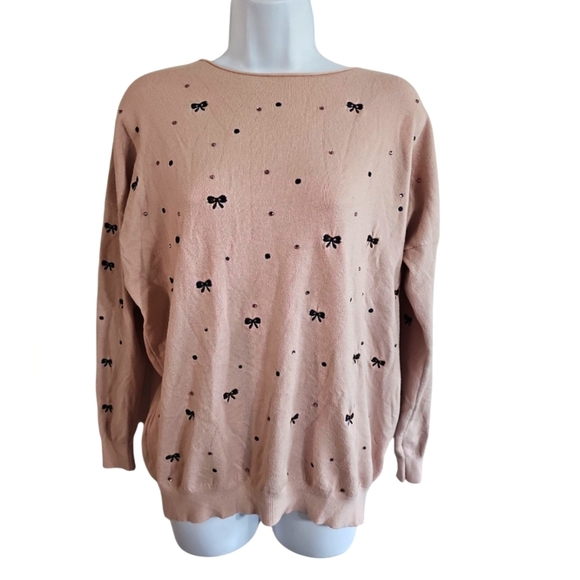 Pink Black Bow Beaded Sweater Women’s Large Preppy Soft Knit Pullover Coquette - Picture 2 of 7